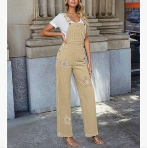 Hybrid & Company Womens Super Comfy Stretch Denim jumpsuit Pants Overalls ~Khaki